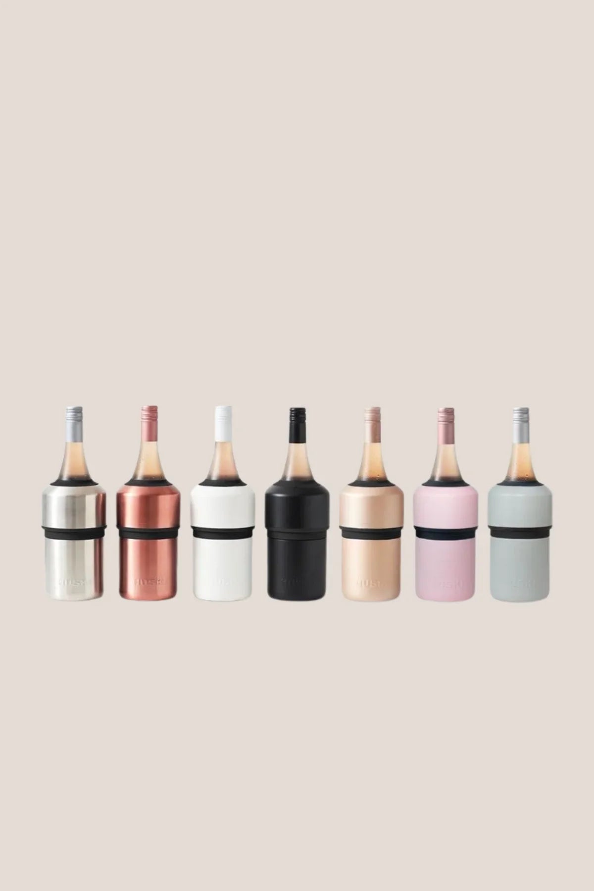 Set of eight wine bottle coolers in various colors on a beige background