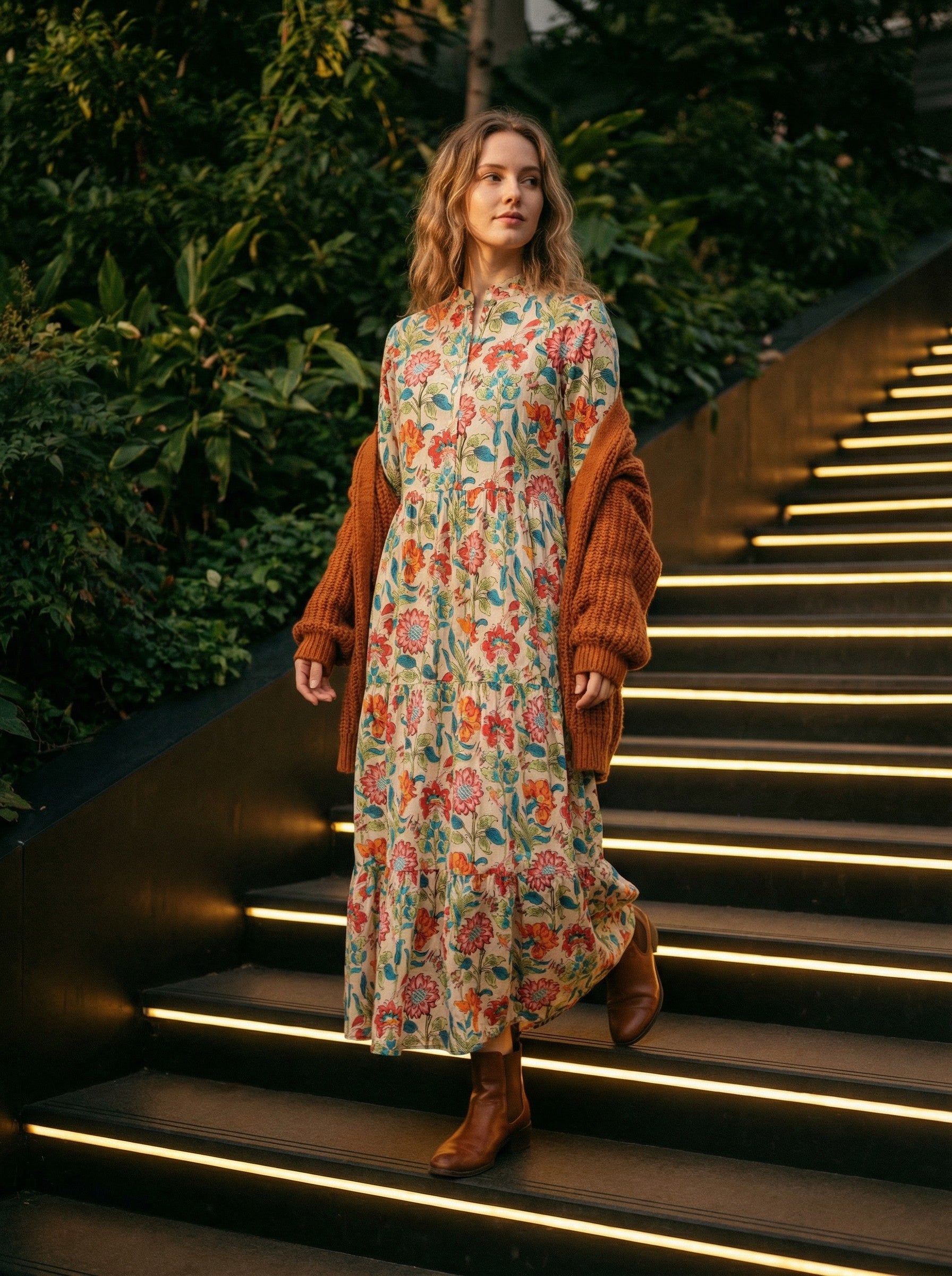 Woman in a floral dress and brown cardigan standing on illuminated stairs with greenery in the background