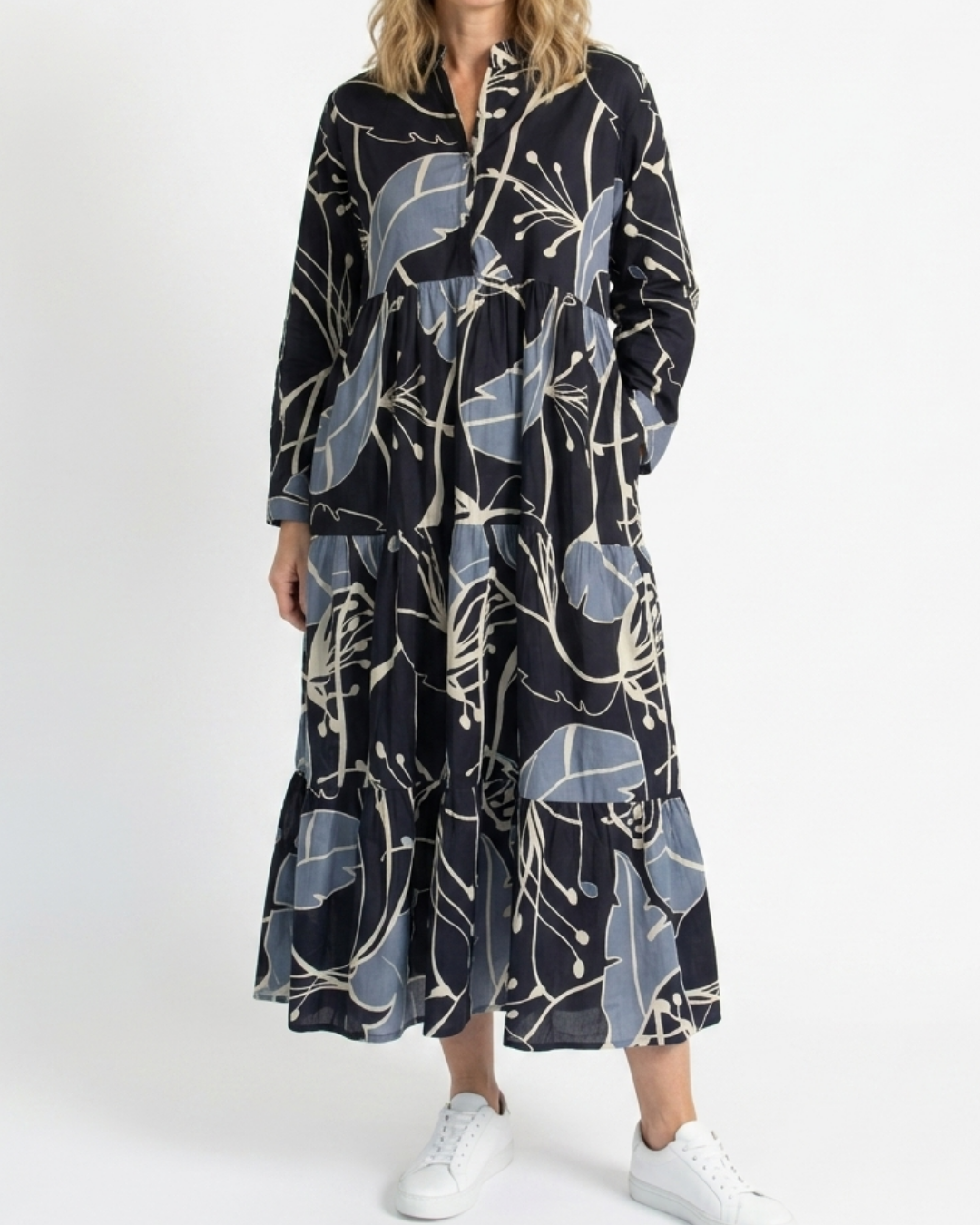 Reca Indigo Bloom 100% cotton midi dress worn loose without the belt, full length front view