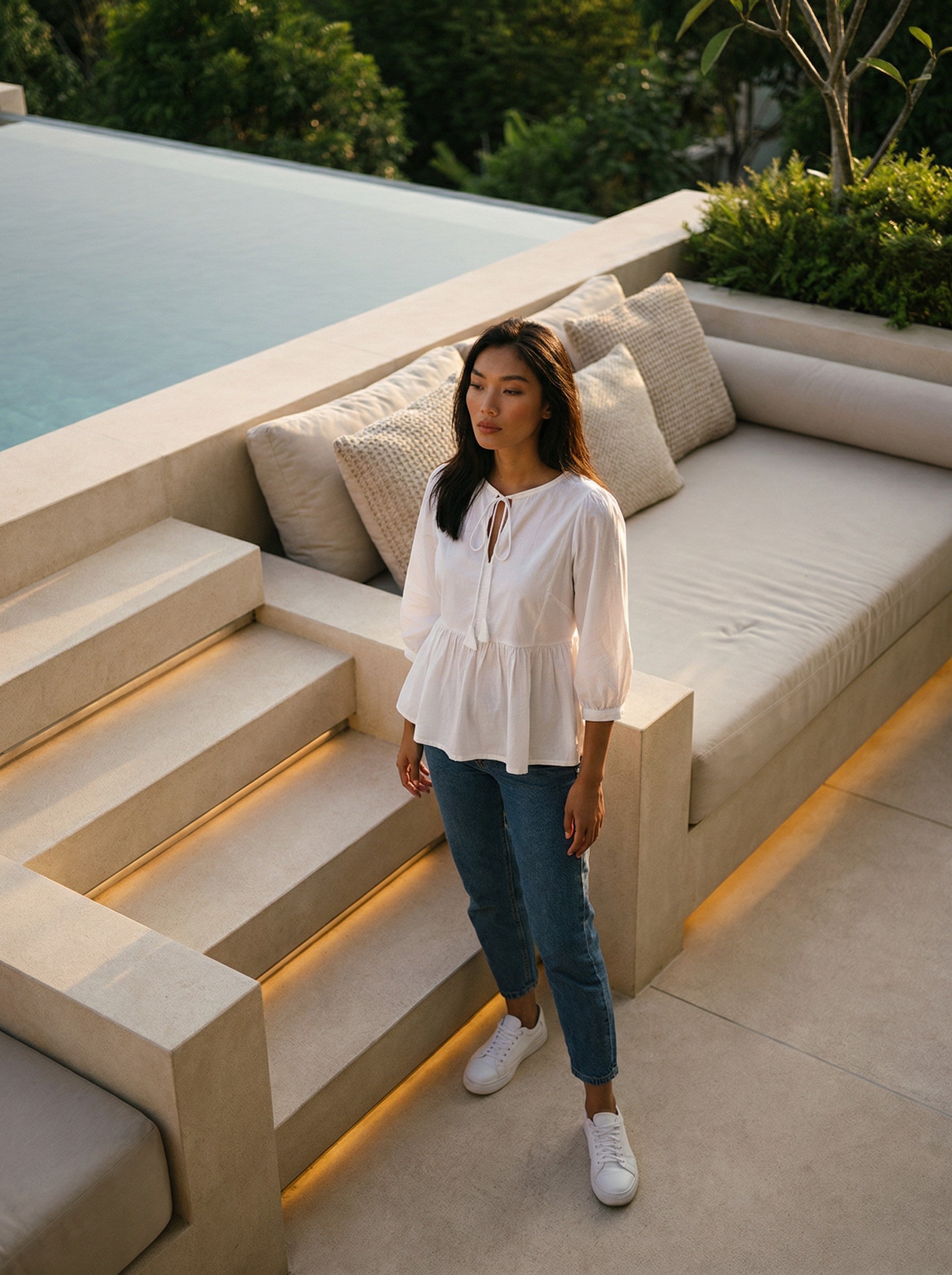 Woman standing on a modern outdoor seating area with a pool in the background wearing reca Dream field Cotton blouse