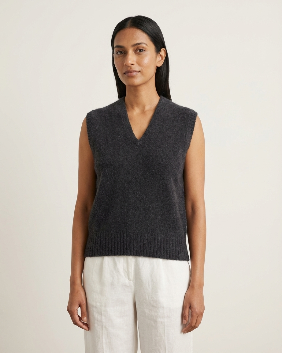 Woman wearing a Alpaca sleeveless sweater in Slate against a plain background