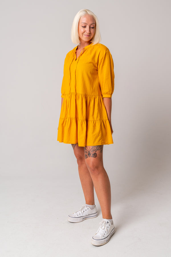 Tier Cotton Mini Dress - Mustard