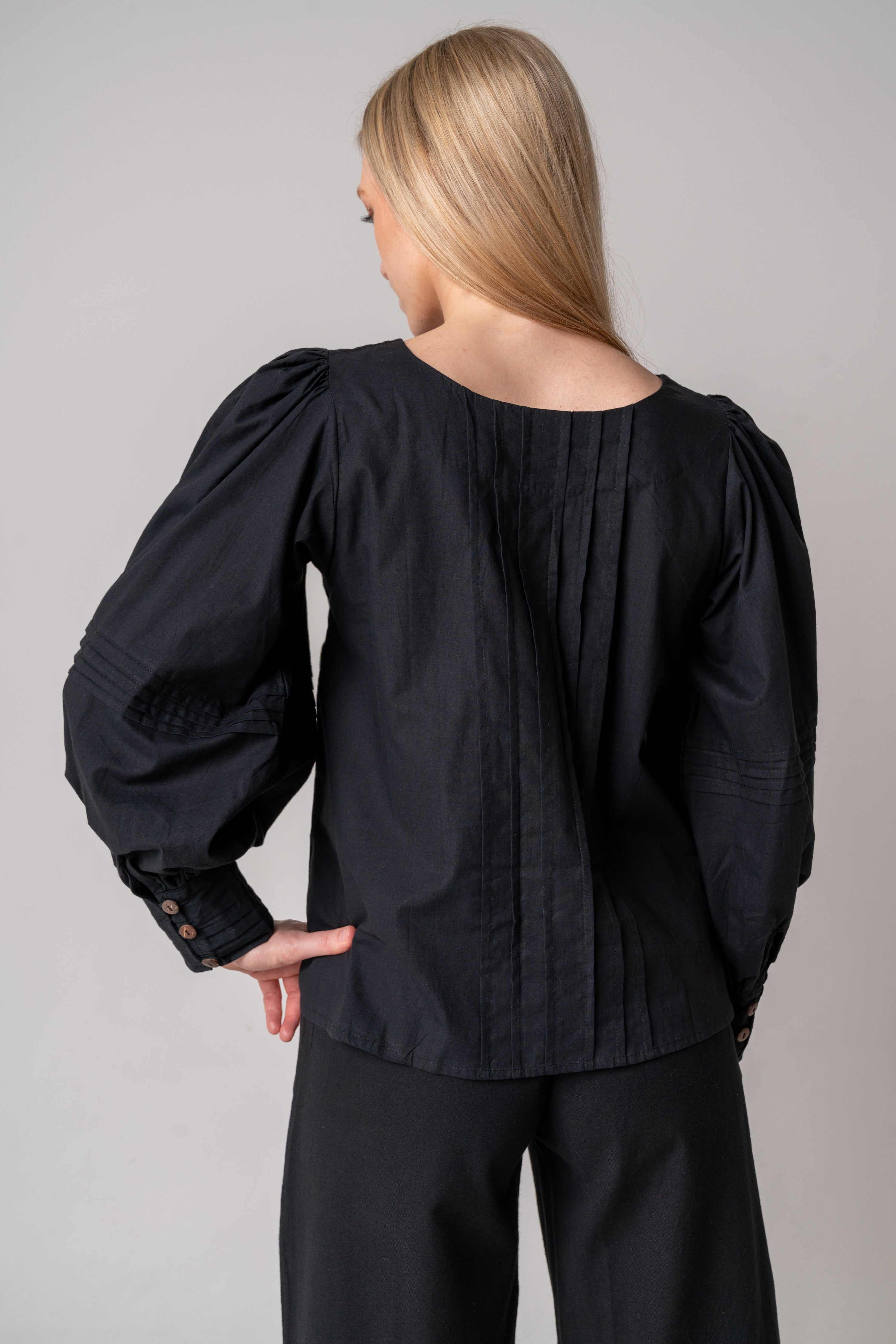 Pintuck Cotton Blouse - Black