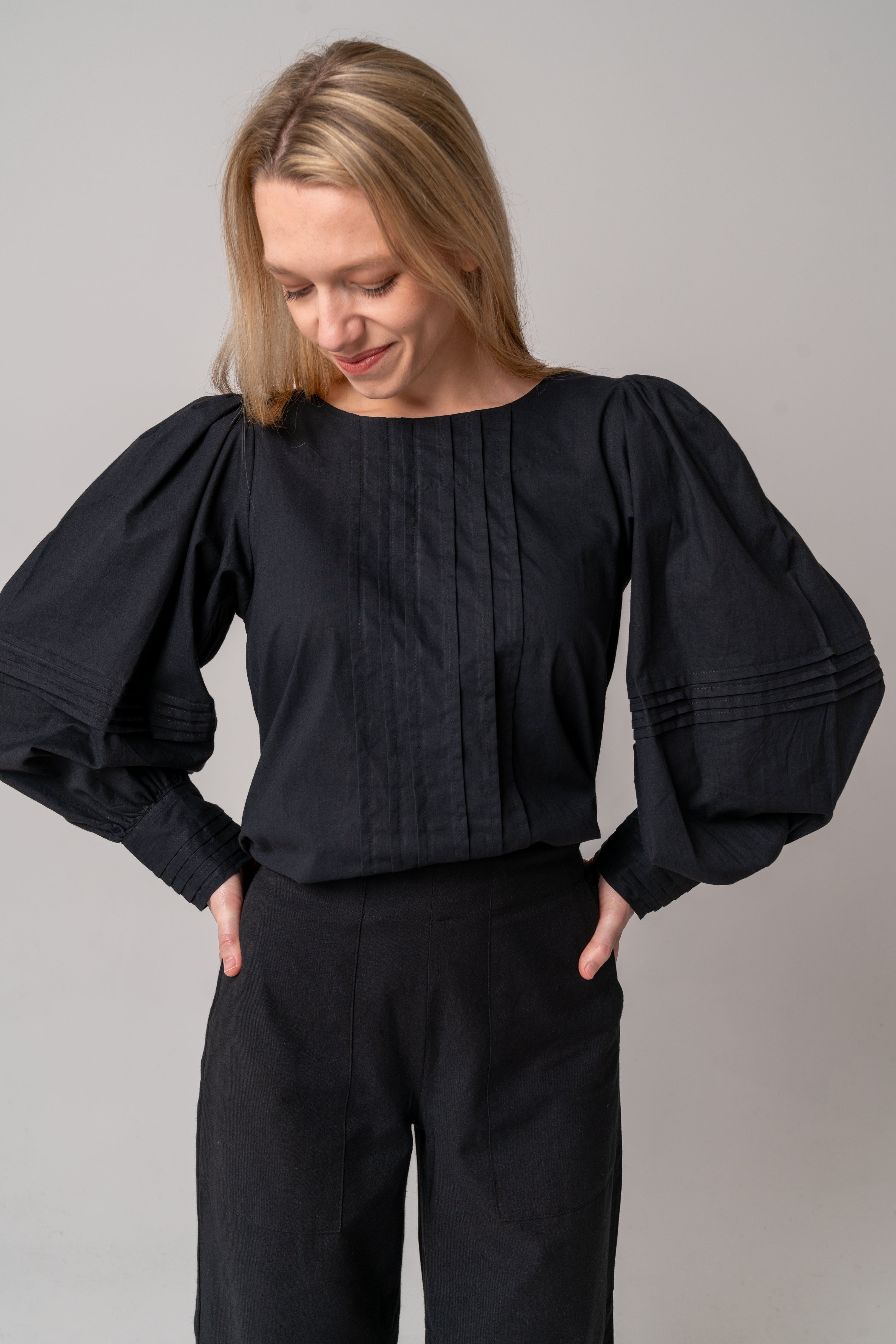 Pintuck Cotton Blouse - Black