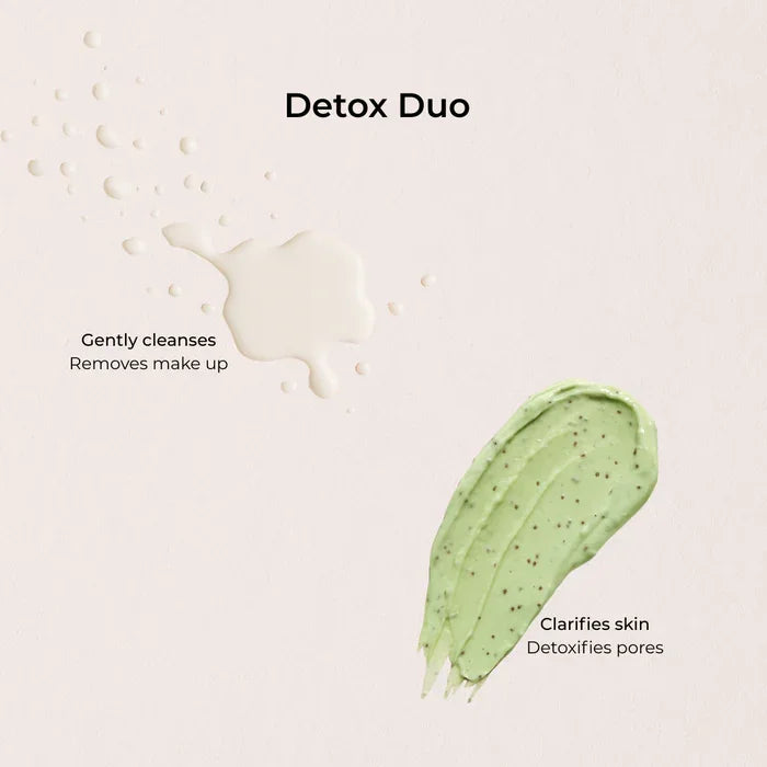Nude Kiwi Detox Duo swatches – Cleansing Milk gently cleanses and removes makeup, Collagen Clay Mask clarifies skin and detoxifies pores