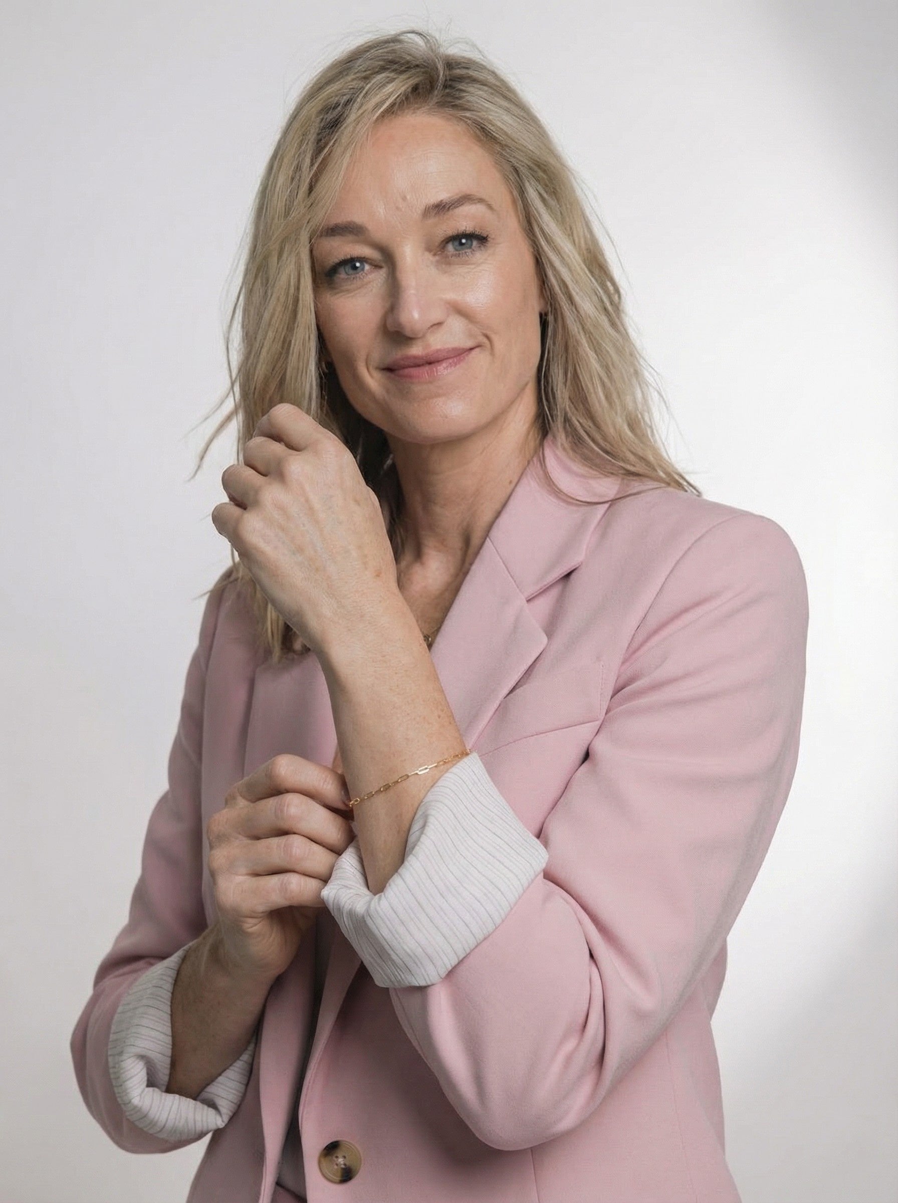 model with oink blazer is wearing Gold Paper Clip Bracelet