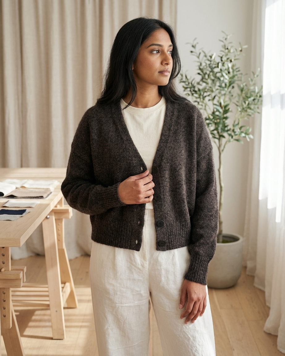 Woman wearing V-Neck Cardigan - Brown Marl n over a tee shirt in a bright room with curtains and a plant.