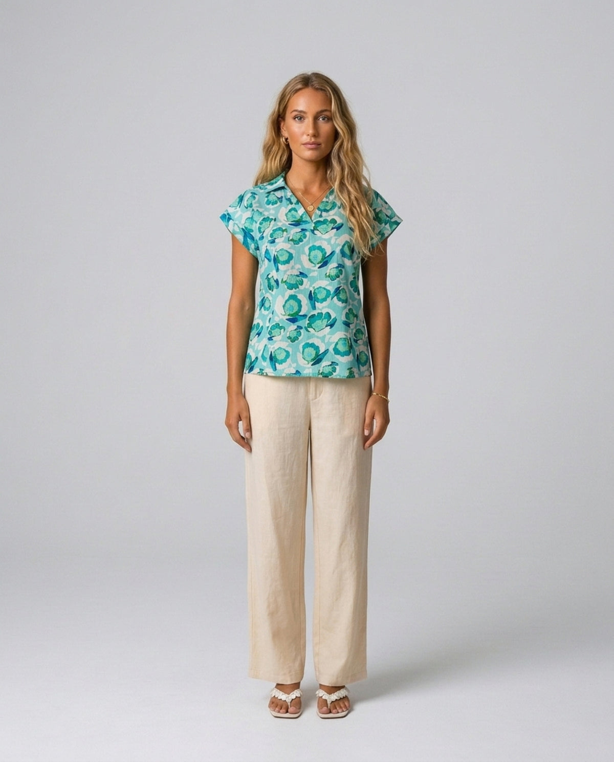 Aqua Bloom Cotton Blouse – full-length front view