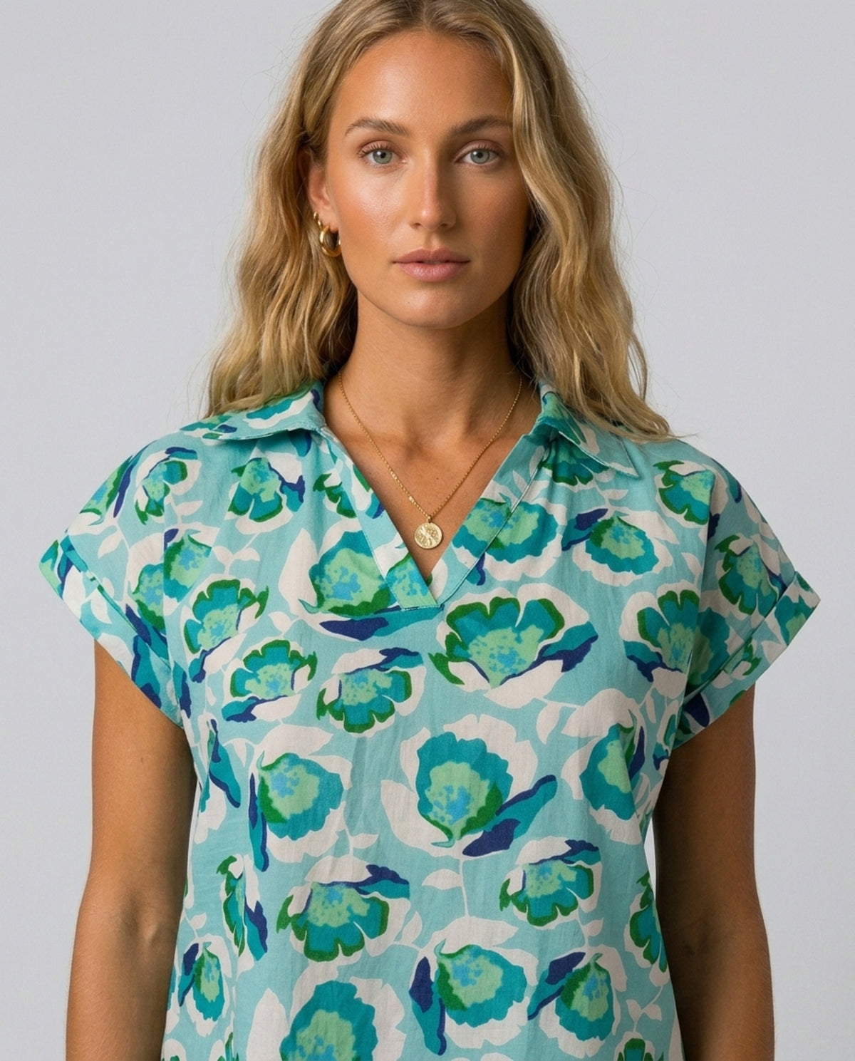 Aqua Bloom Cotton Blouse – front detail showing collar and floral print