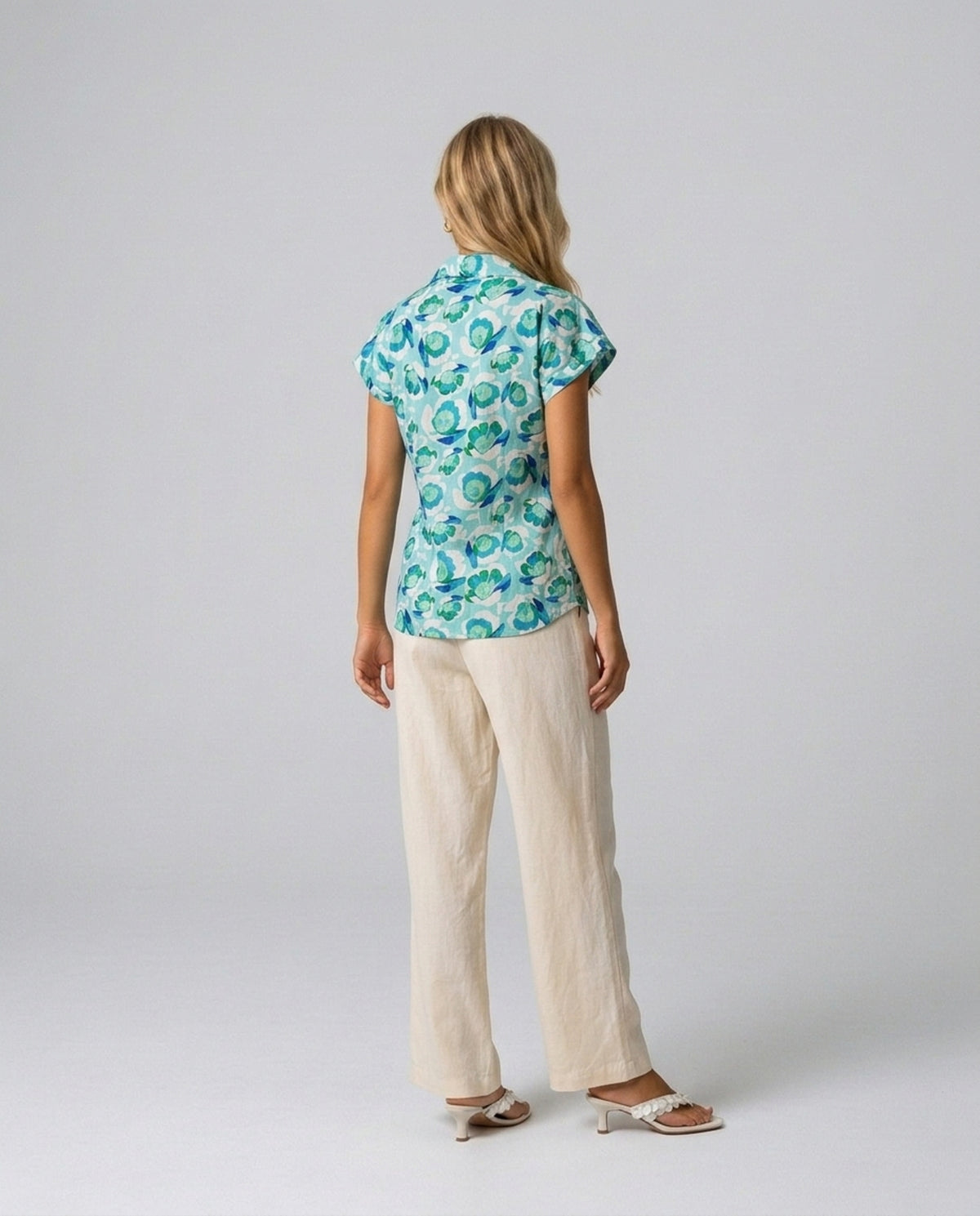 Aqua Bloom Cotton Blouse – three-quarter back view