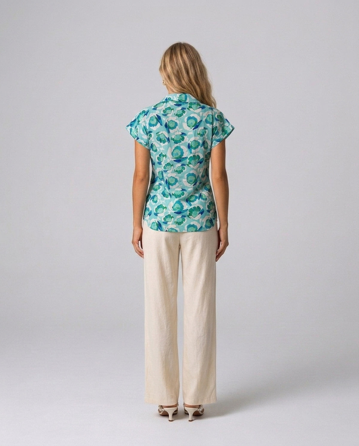 Aqua Bloom Cotton Blouse – full-length back view