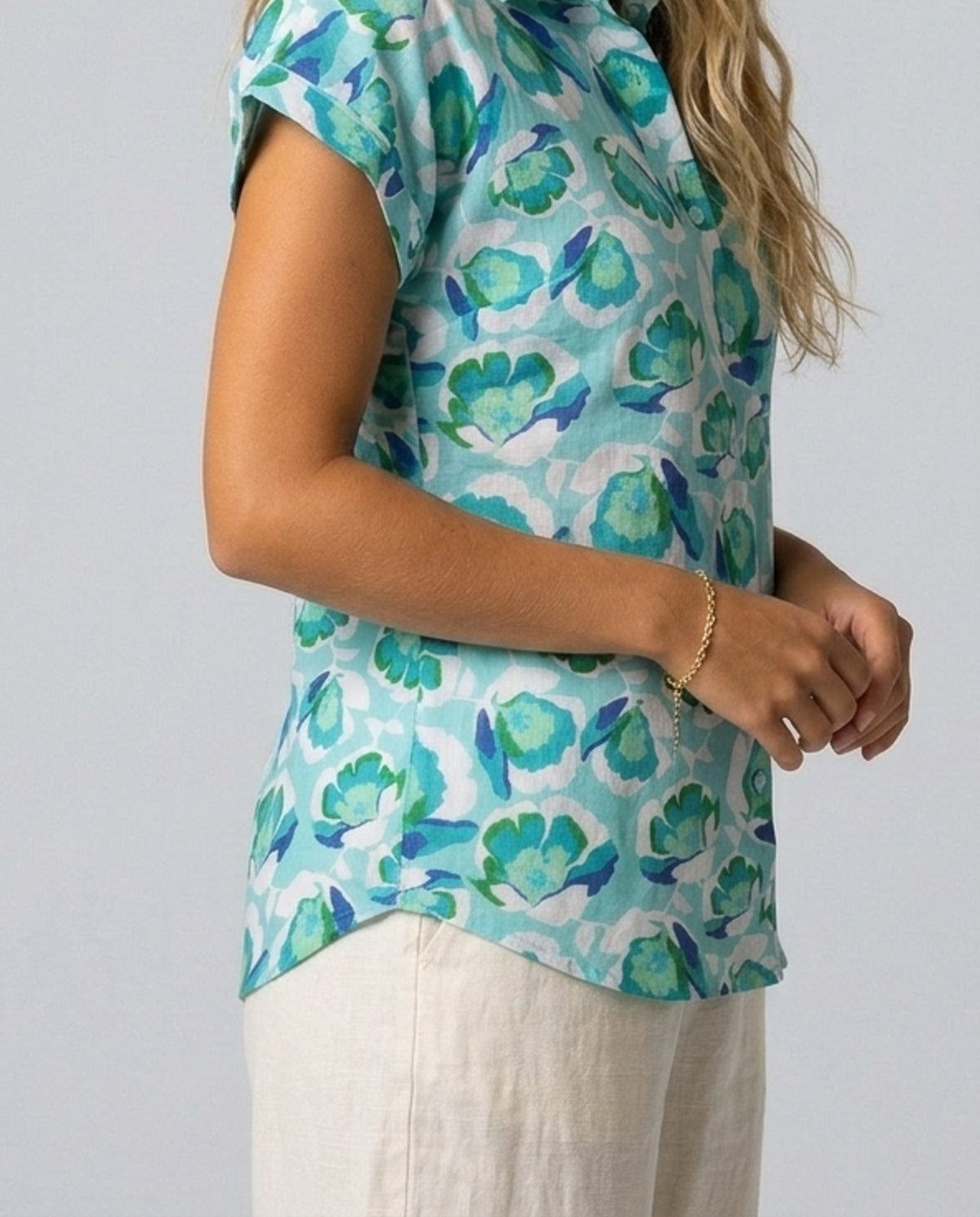 Aqua Bloom Cotton Blouse – side detail showing sleeve, fabric and hem
