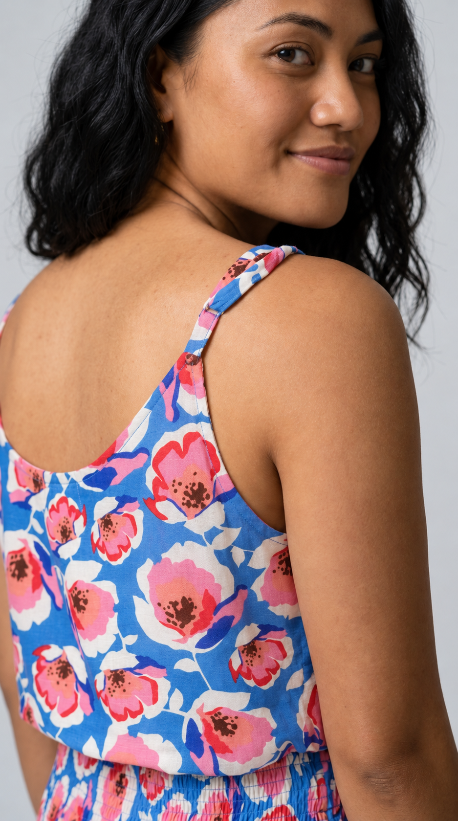 Back view of the Reca Azure Poppy Cami showing the adjustable shoulder straps