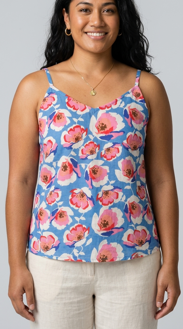 Woman wearing the Reca Azure Poppy Cami in blue floral cotton, front view