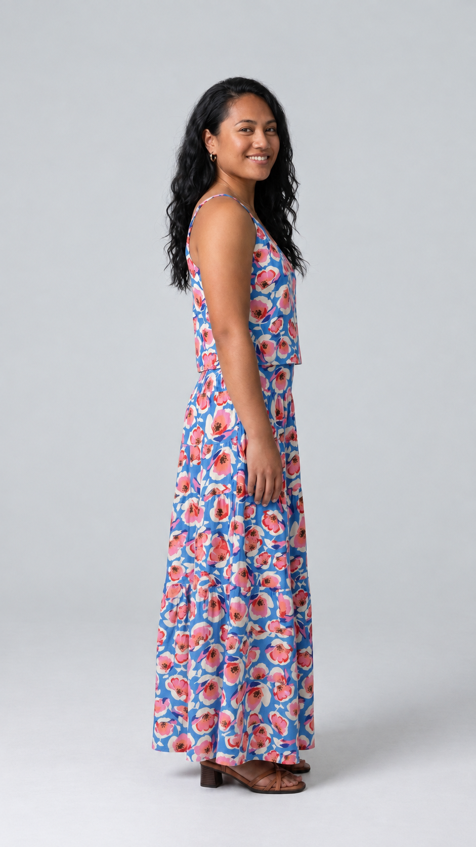 Side view of the Azure Poppy matching cami and tiered maxi skirt set