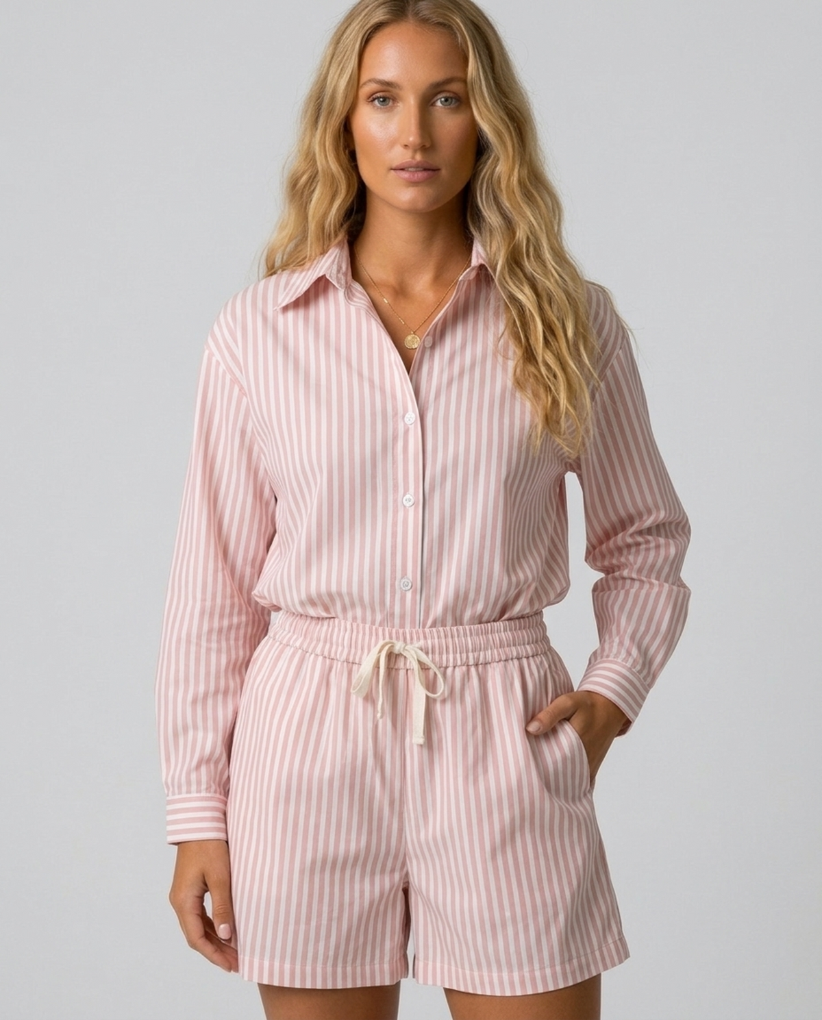 Blush Pink Stripe Cotton Shorts – front view showing drawstring waist and relaxed fit
