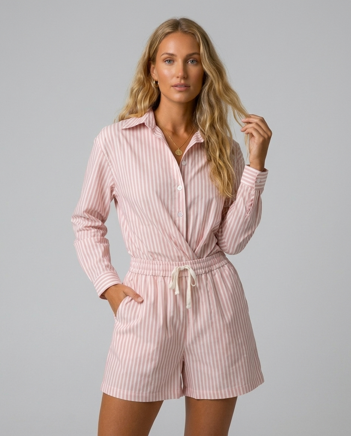 Blush Pink Stripe Cotton Shorts – styled with the matching Blush Pinstripe Oversized Shirt
