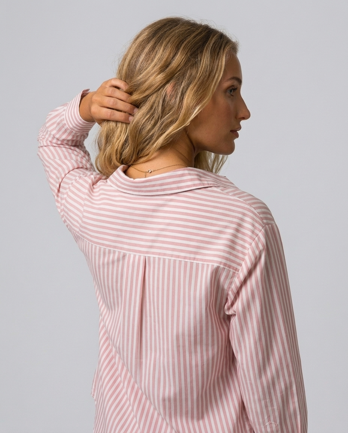 Blush Pinstripe Oversized Shirt – back view showing striped yoke and gathered back detail