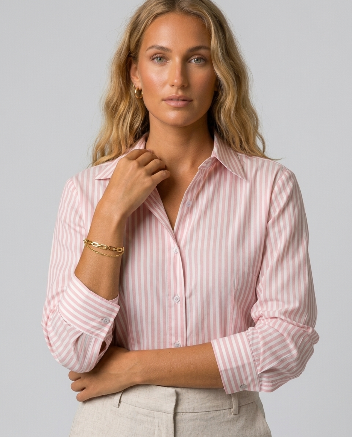 Blush Pinstripe Oversized Shirt – front view showing collar, button fastening and pink-and-white stripes