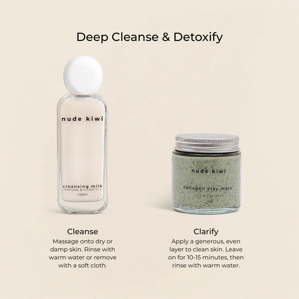 Nude Kiwi Deep Cleanse & Detoxify duo – Cleansing Milk and Collagen Clay Mask with application instructions