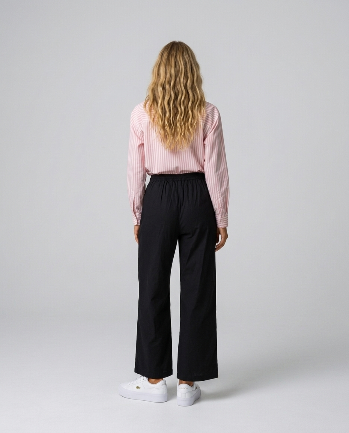 Harper Pleated Culottes – full-length back view showing black wide legs and gathered waistband