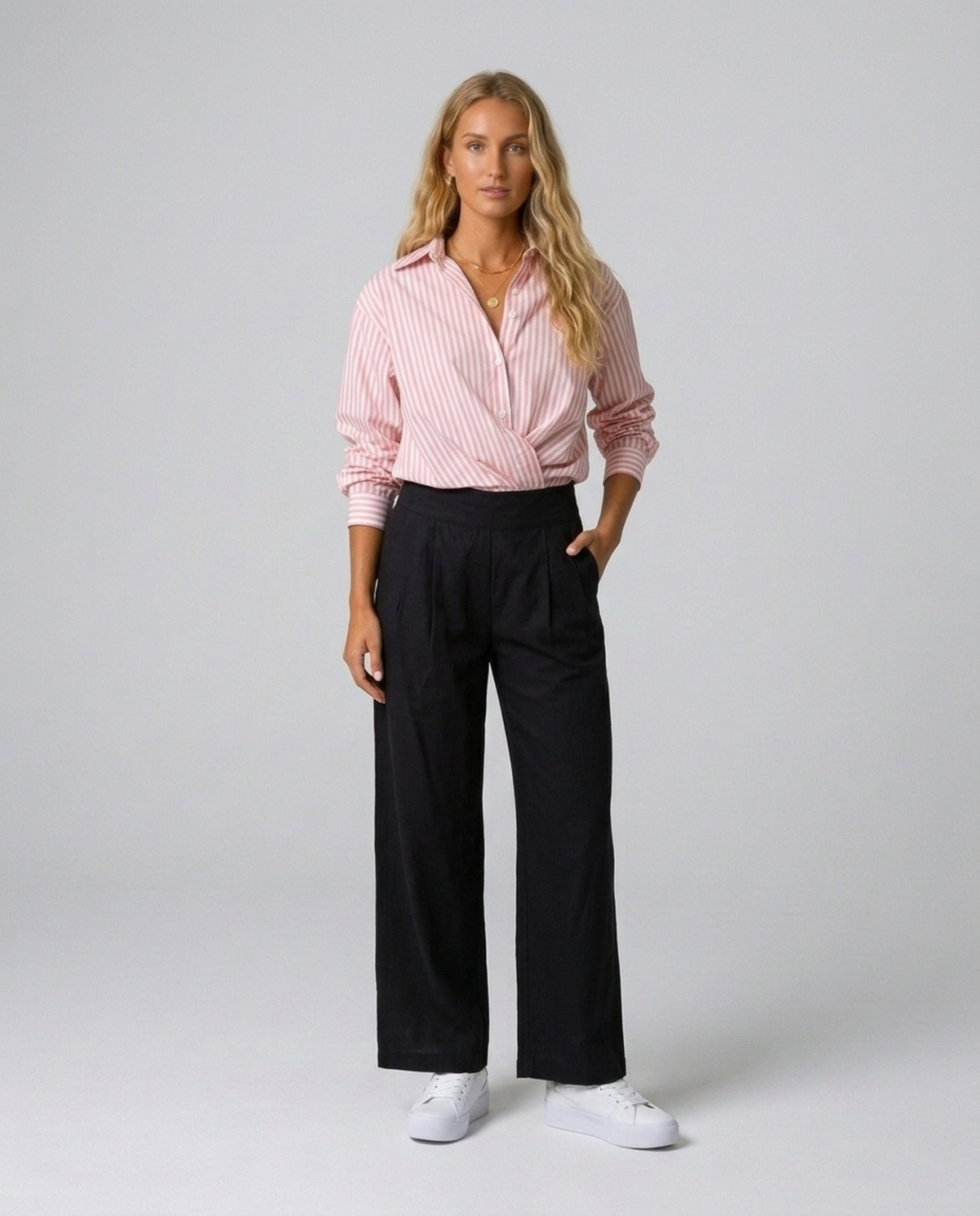 Harper Pleated Culottes – full-length front view showing black pleated wide legs