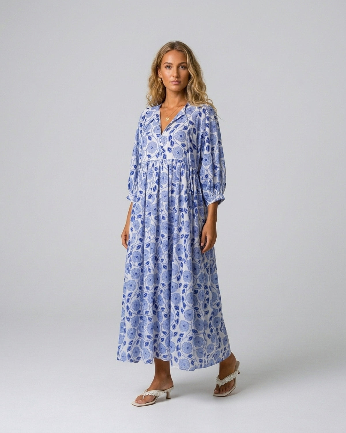 Indigo Fleur Cotton Midi Dress – full-length front view