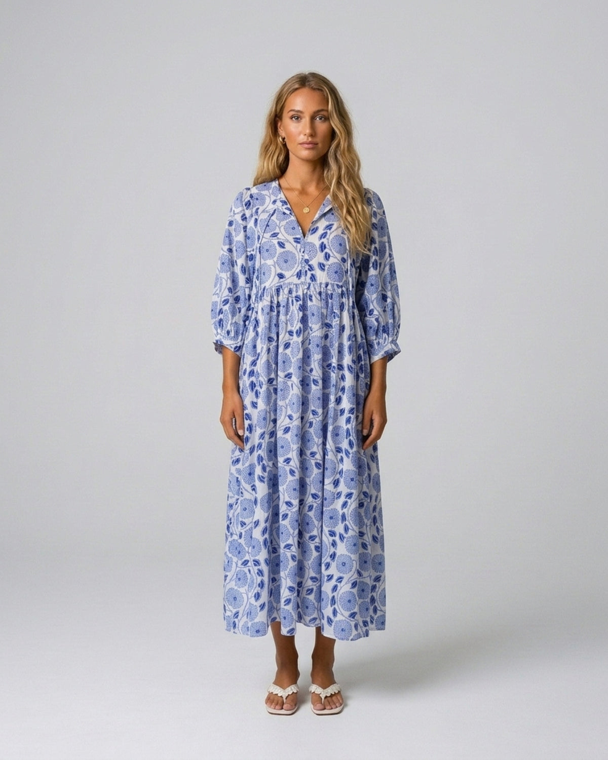 Indigo Fleur Cotton Midi Dress – front view