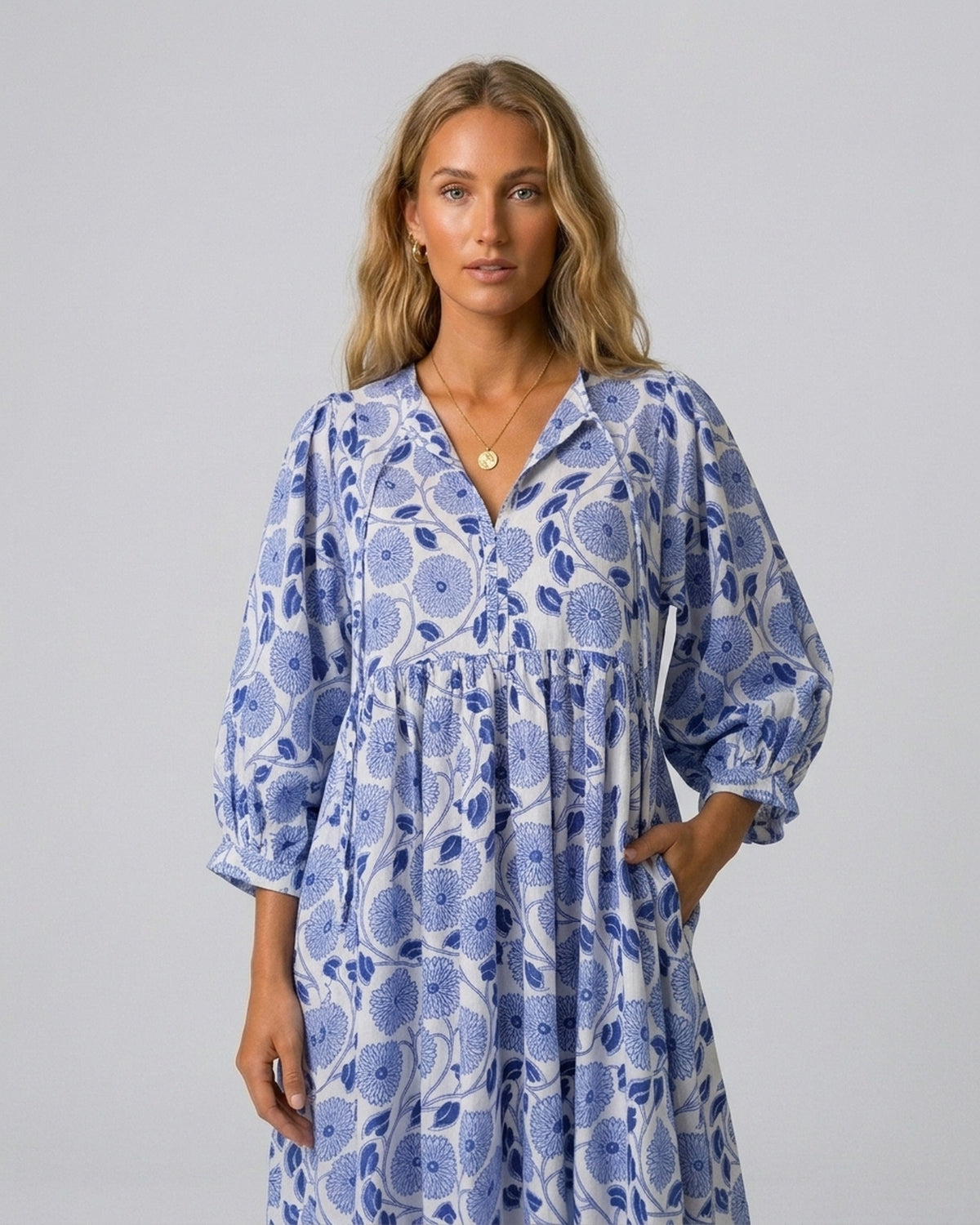 Indigo Fleur Cotton Midi Dress – pocket and sleeve detail