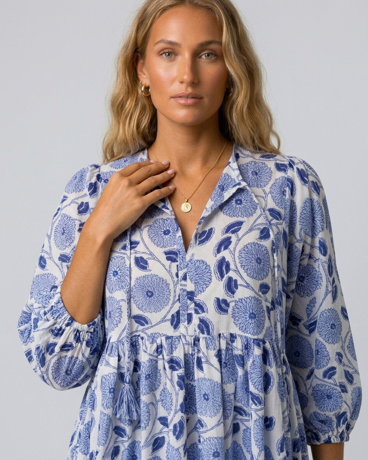 Indigo Fleur Cotton Midi Dress – neckline and bodice detail