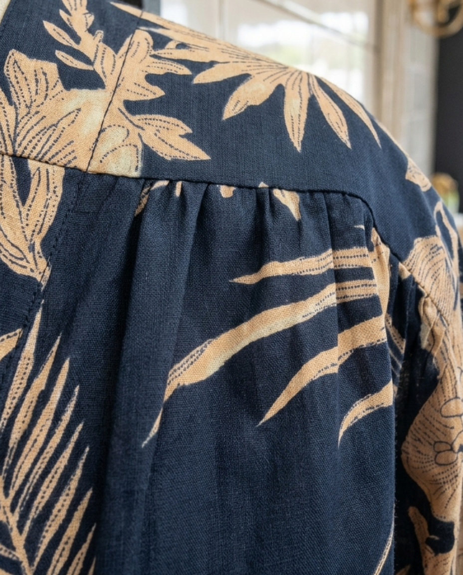 Indigo Garden Cotton Blouse navy botanical cotton fabric and gathered shoulder detail