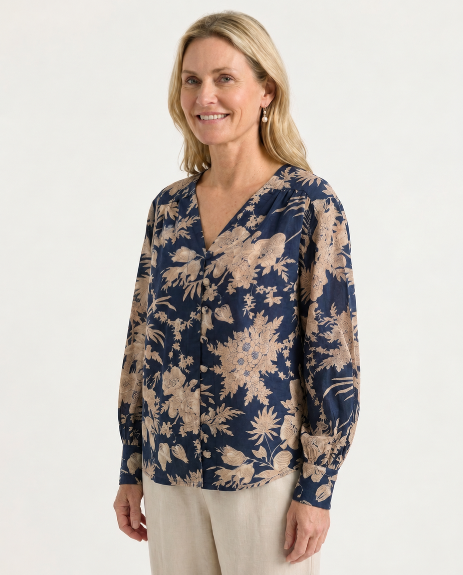 Indigo Garden Cotton Blouse three-quarter view without necklace
