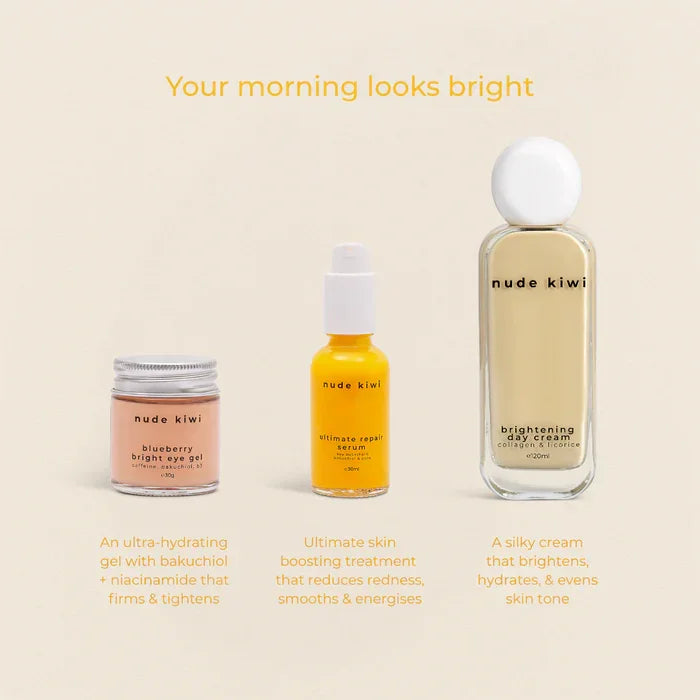 Nude Kiwi Morning Glow collection – eye gel, Ultimate Repair Serum, and Brightening Day Cream with product benefits