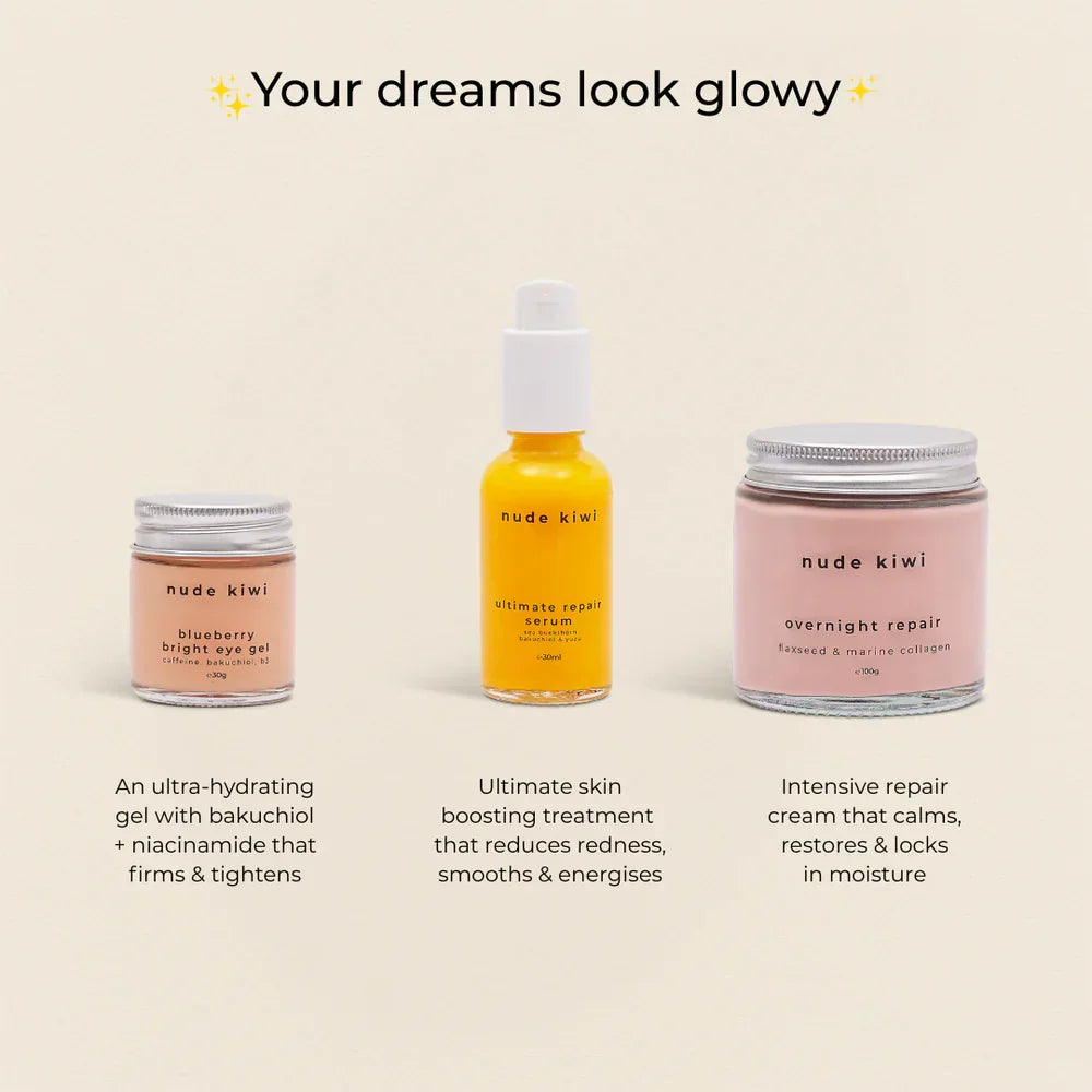 Nude Kiwi Night Repair Bundle – eye gel, Ultimate Repair Serum, and Overnight Repair cream with product benefits