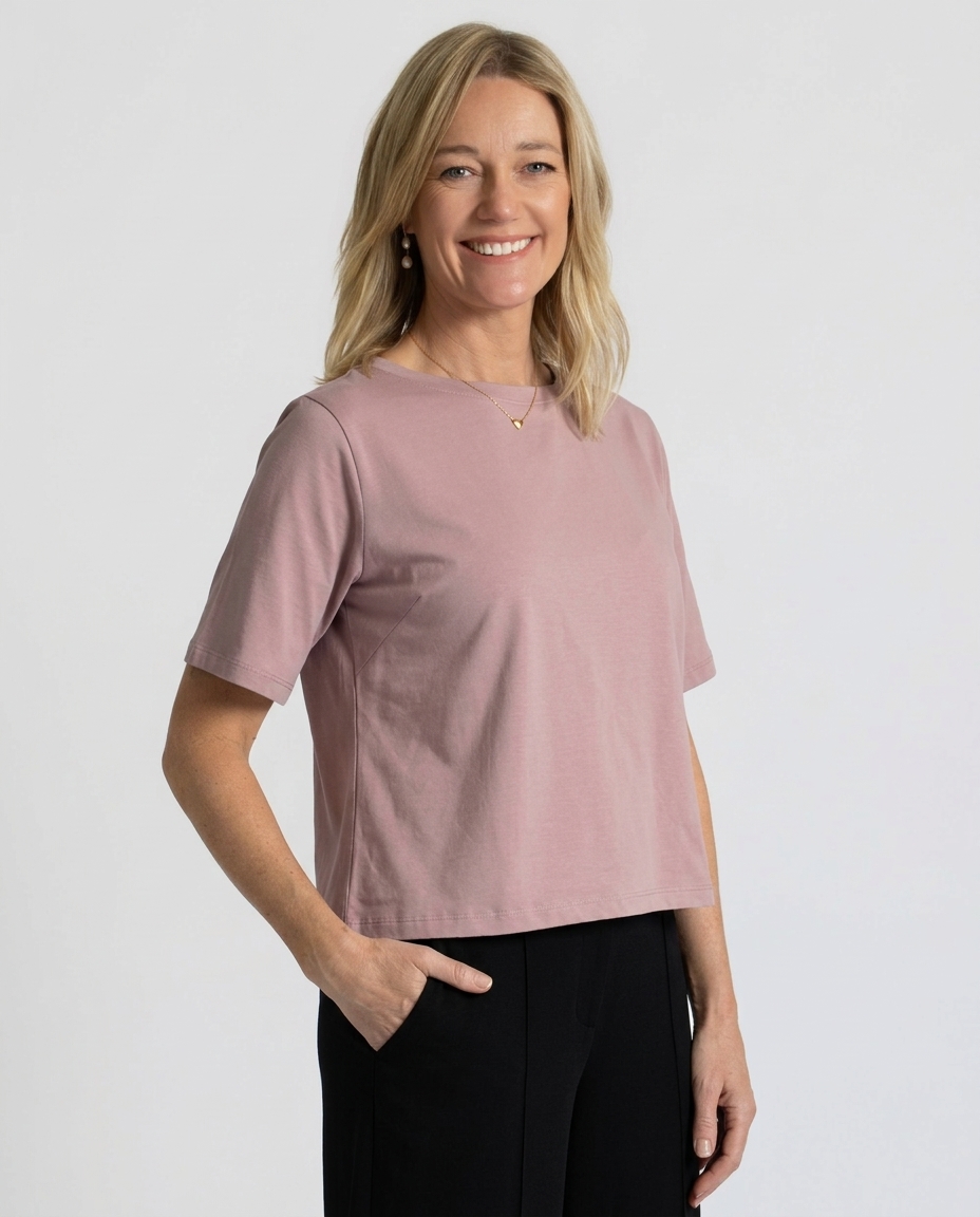 Organic Flex Crew Tee in Rose Pink – angled front view