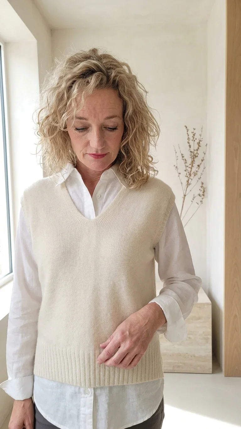 Model wearing Alpaca Vital Vest in Natural cream over a white shirt – minimalist knitwear styling in a sunlit interior