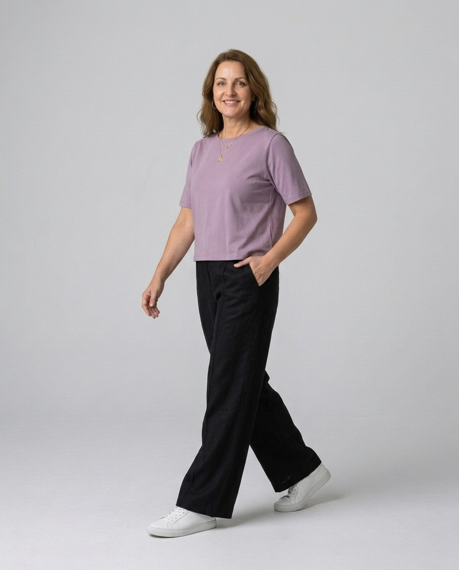 Lavender Organic Flex Crew Tee relaxed styling and fit