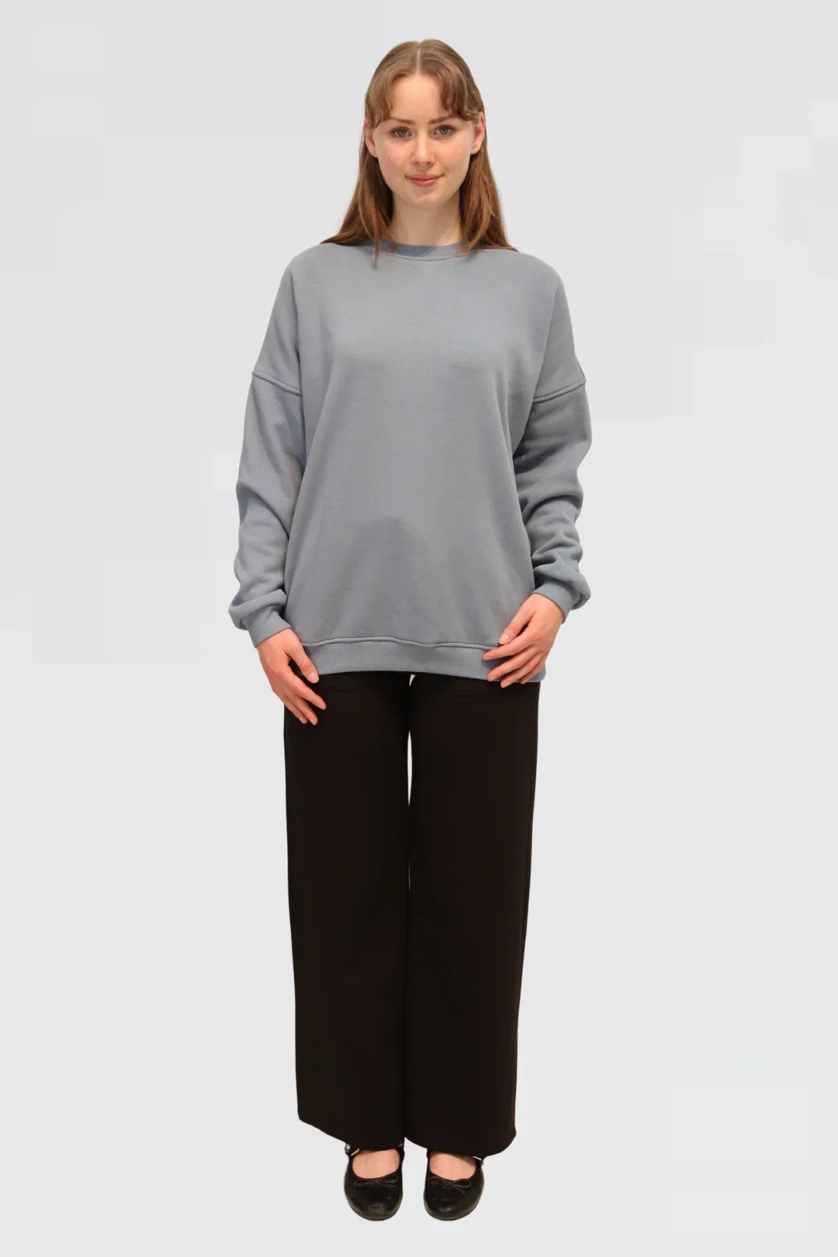 Front view of Reca Ranch Drop Sleeve Jumper in Duck Egg, relaxed fit with drop shoulder design.