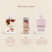 Nude Kiwi Self Care Luxury collection – Body Oil Safflower & Rose, bath soak, and Body Serum Jasmine Green Tea with usage instructions