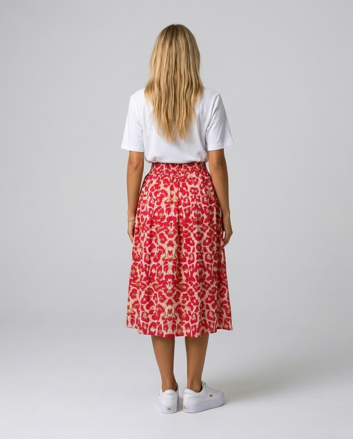 Wild Ruby Cotton Skirt – full-length back view styled with a white tee