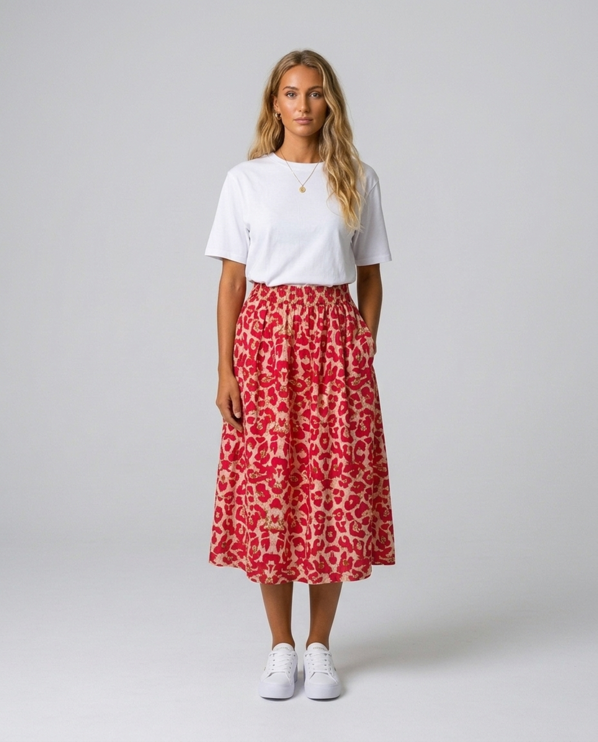 Wild Ruby Cotton Skirt – full-length front view showing ruby red and cream print